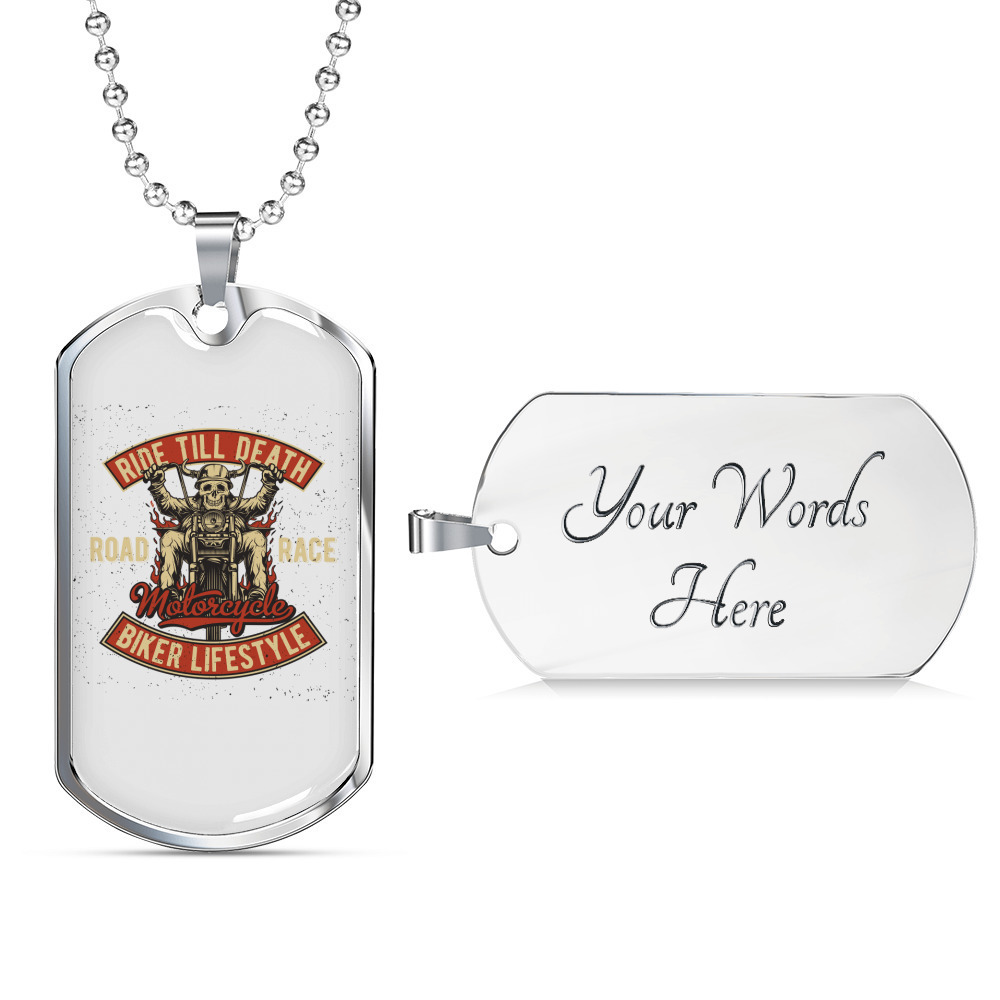 Ride Till Death Biker Necklace Stainless Steel or 18k Gold Dog Tag 24"